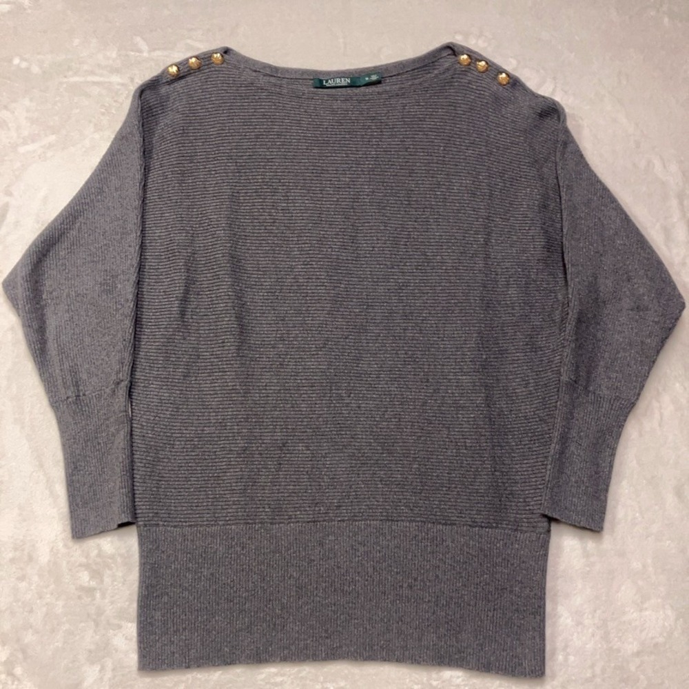 Lauren Ralph Lauren Womens M Gold Crest Buttons Boat Neck Gray Sweater Old Money